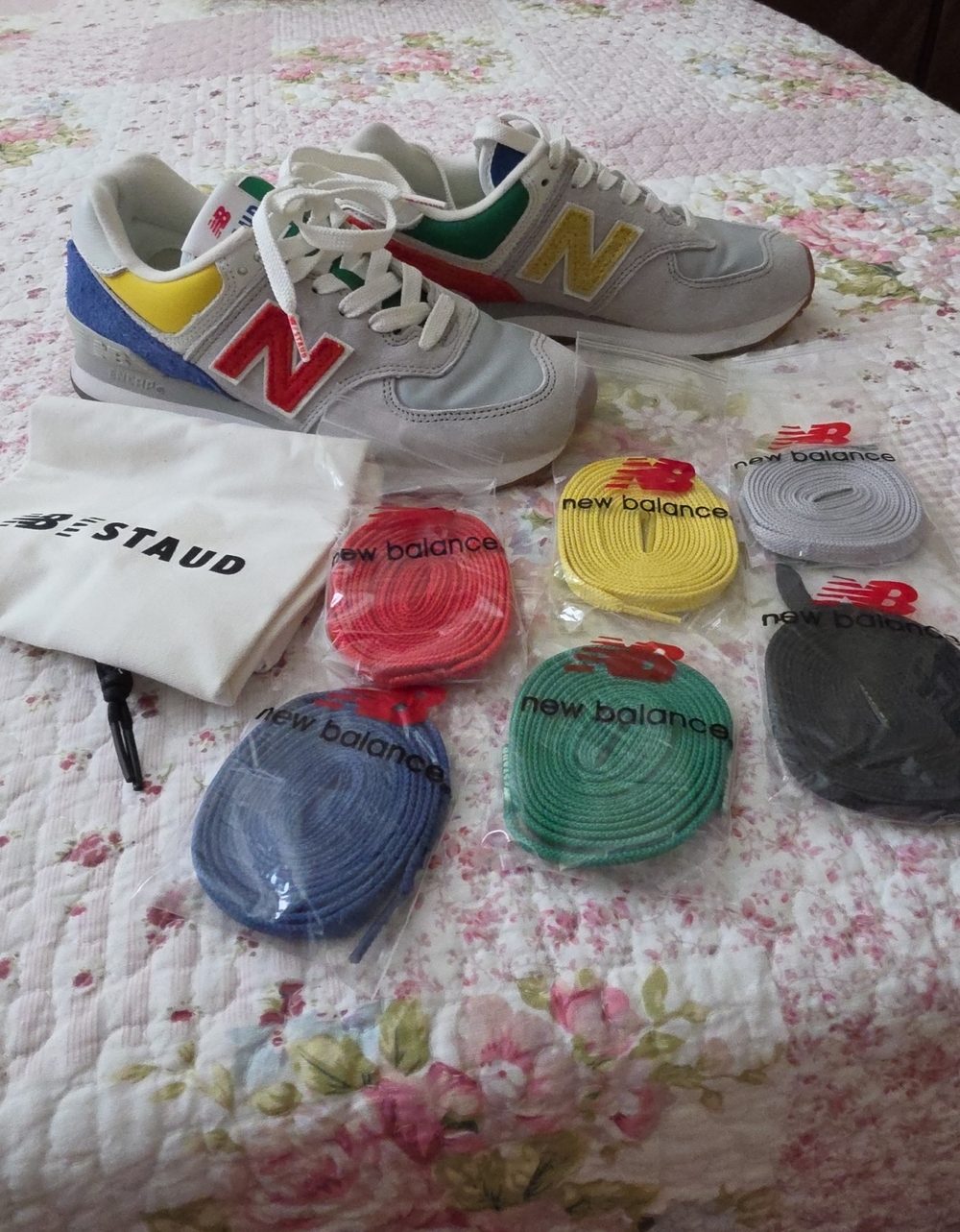 New Balance Gray Sneakers with Red, Yellow, Green & Blue Accents